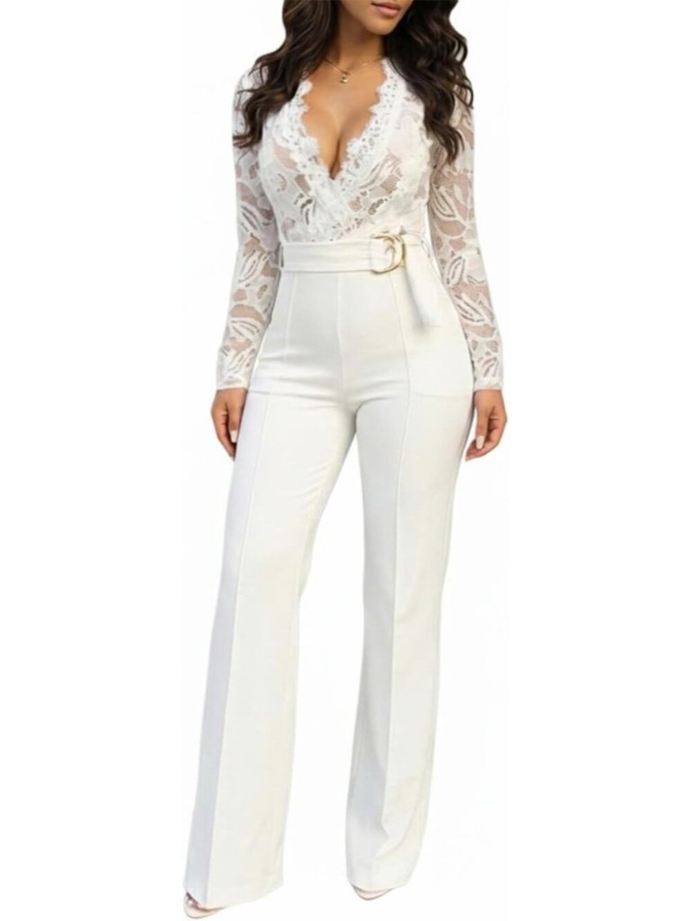 🆕Women's White Floral Lace Jumpsuit 2026 Deep V-Neck Casual Long Sleeve